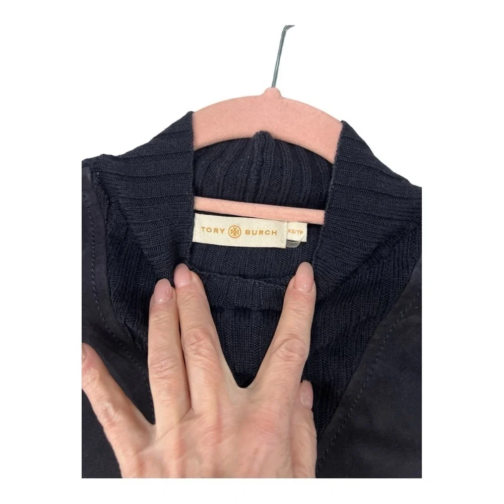 Tory Burch Navy Molly Leather Wool Ribbed Mockneck Sweater Size XS